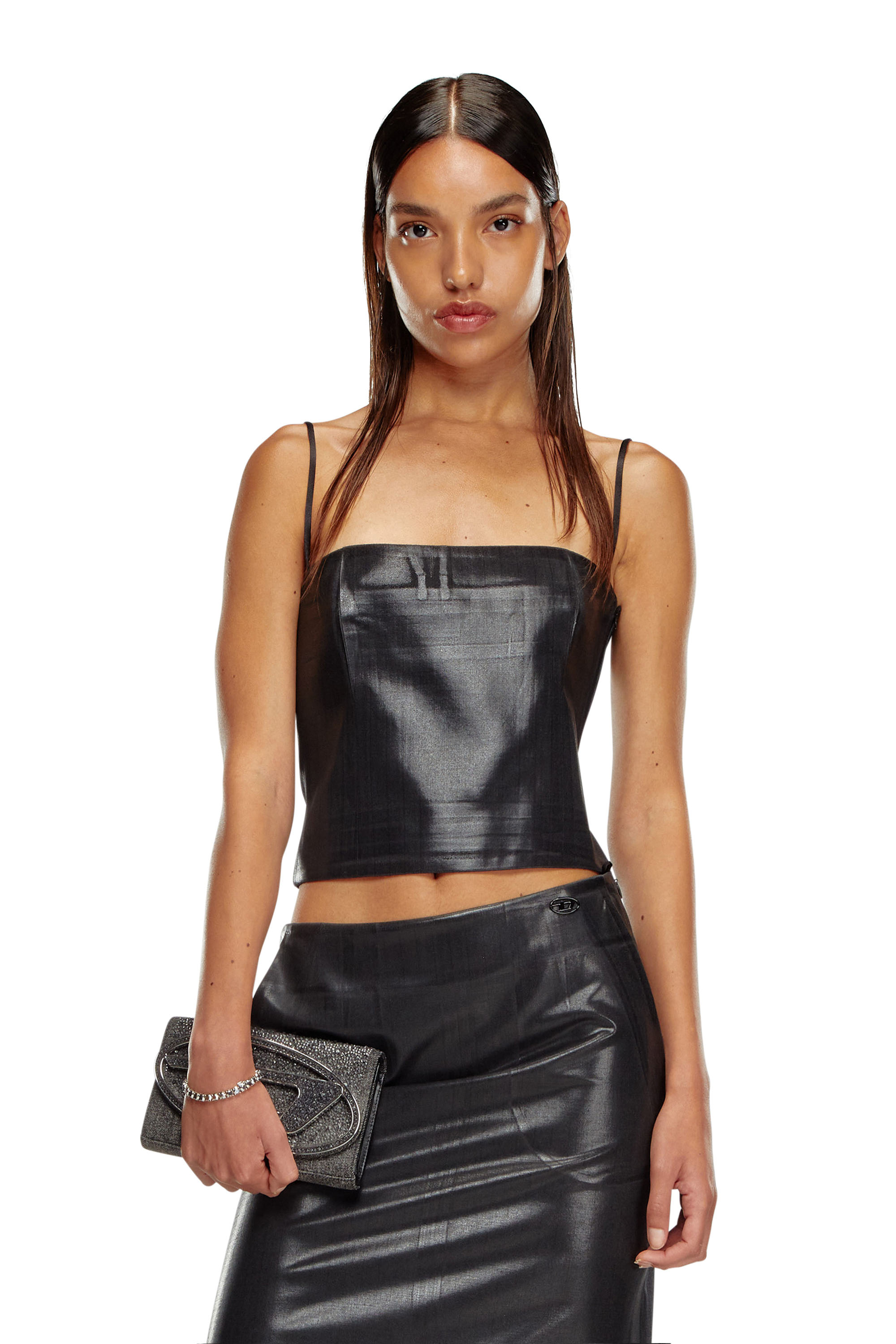Diesel - T-REASURE, Female's Pinstripe cami with coated front in Black/Grey - 1