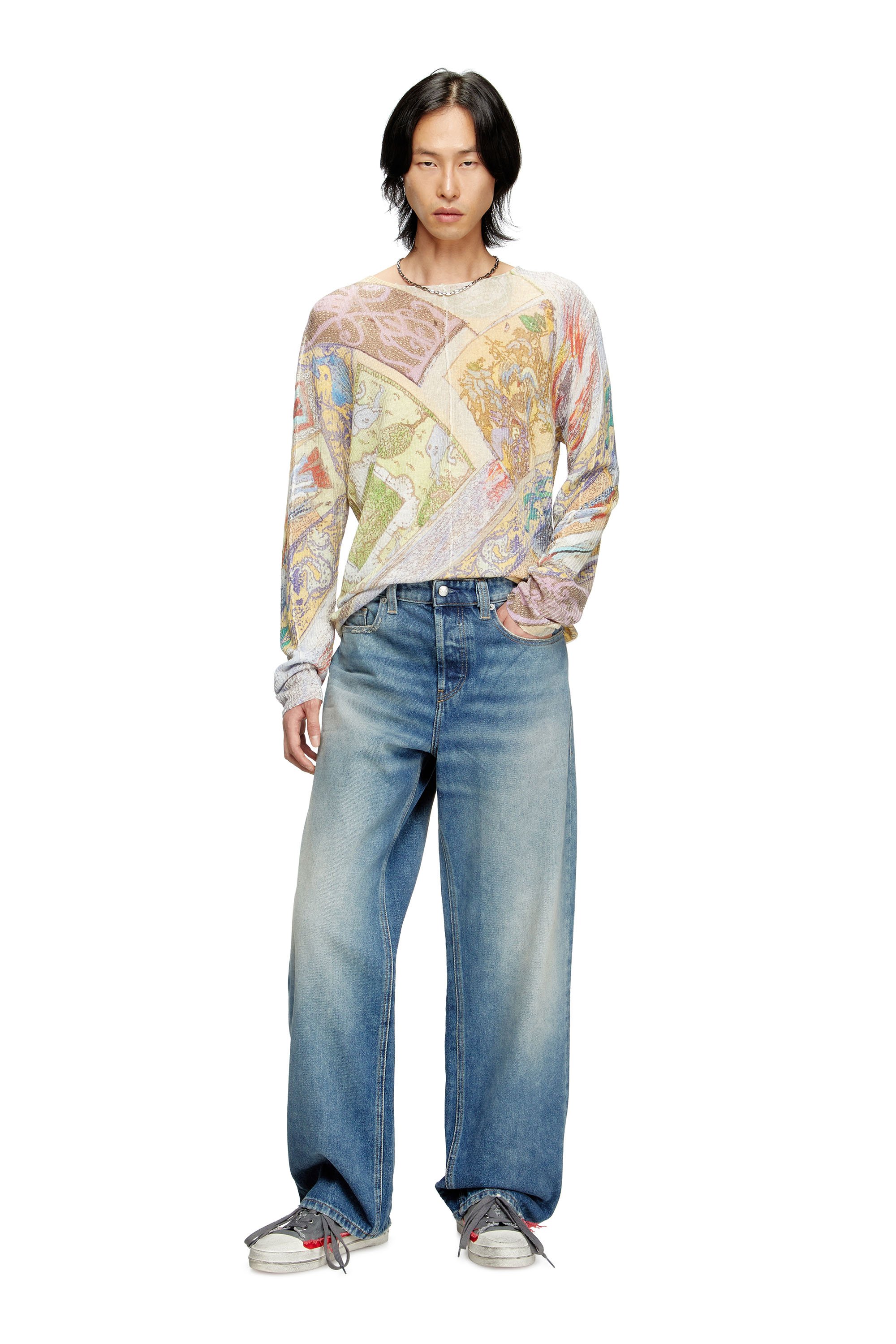 Diesel - K-RENTON, Male's Linen jumper with medieval print in Beige/Yellow - 4