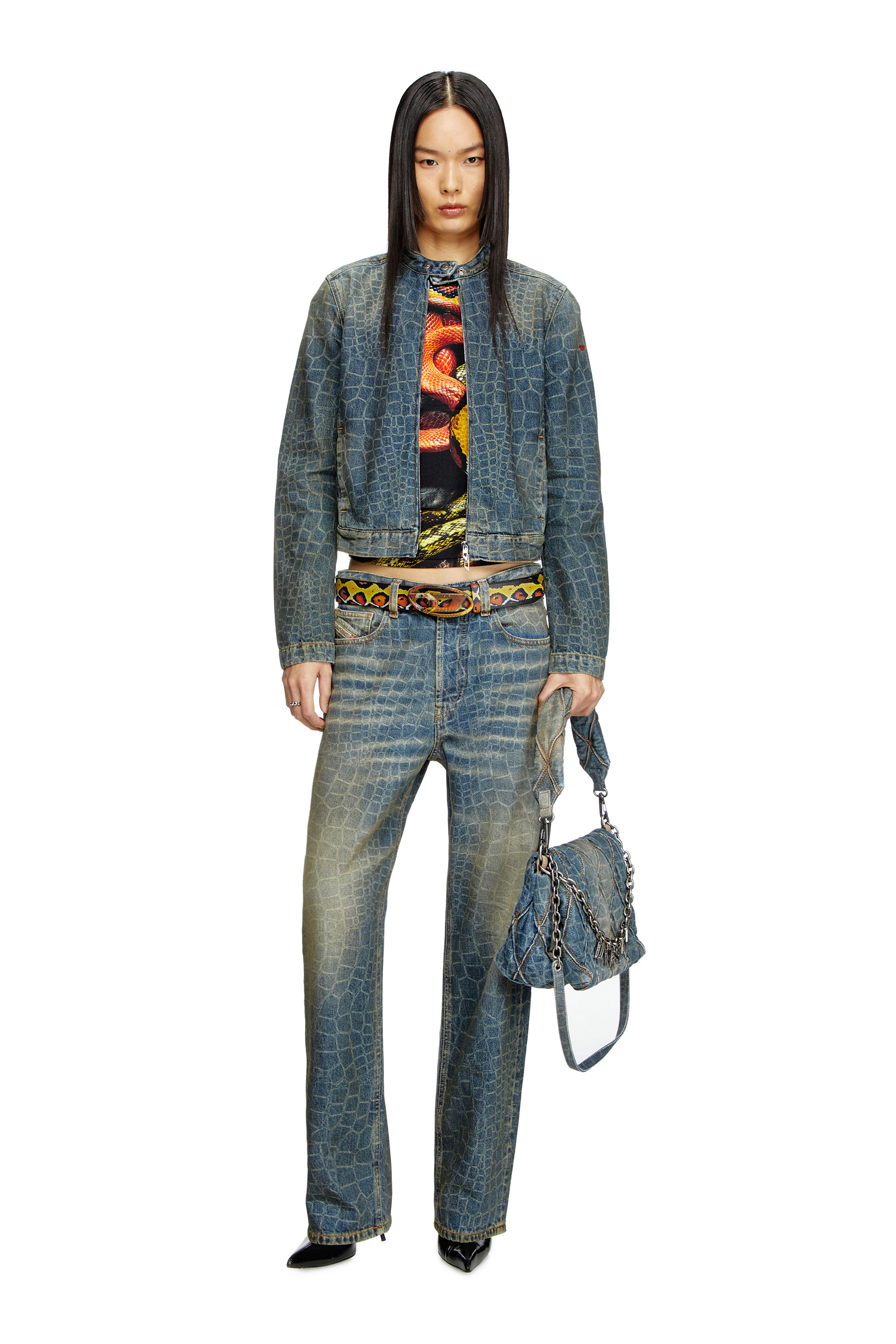 Diesel - CL-DE-MORNIN-SNAKE, Female's Moto jacket in snake-print denim in Dark Blue - 2