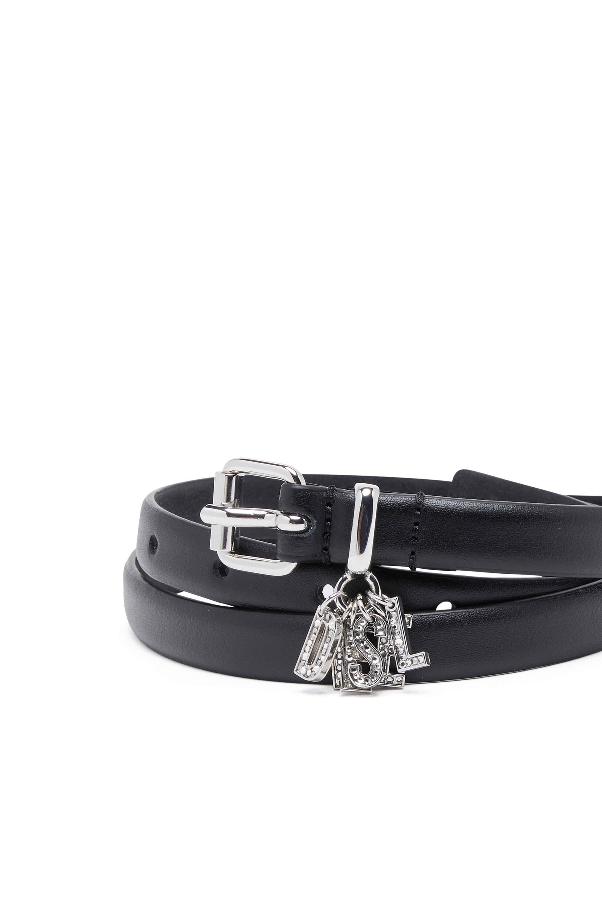 Diesel - B-CHARM-LOOP, Female's Leather belt with crystal logo charms in Black - 3